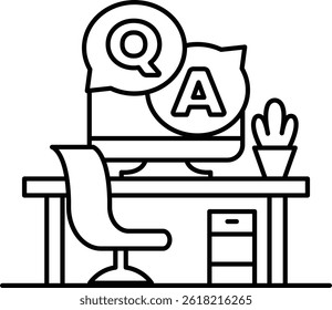 A computer monitor with a Q and A on it sits on a desk with a chair