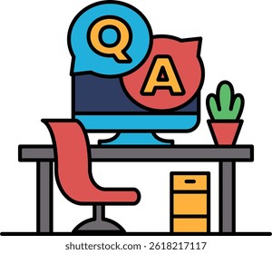 A computer monitor with a Q and A on it sits on a desk with a red chair and a potted plant