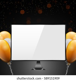 computer monitor realistic gift with blank white screen on a black background with balloons, stylish vector illustration EPS10