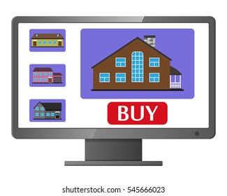 Computer monitor with realty selling web site. House sale. Realty selling application.Vector illustration
