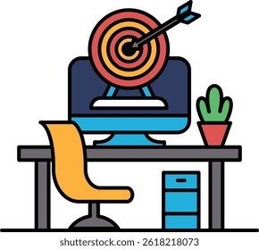 A computer monitor with a red bullseye on it and a green plant in the background. Concept of a goal or target to be achieved, and the plant symbolizes growth and progress