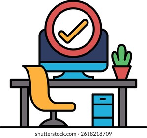 A computer monitor with a red check mark on it sits on a desk with a chair and a potted plant. Concept of productivity and accomplishment