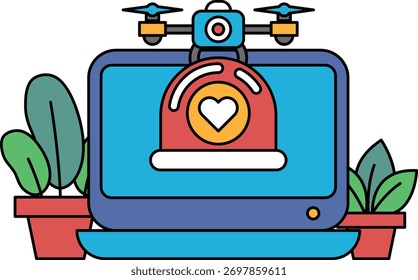 Um monitor de computador com um coração vermelho e um drone no fundo. Conceito de excitação e aventura, como o drone representa tecnologia e exploração. O coração simboliza amor e cuidado