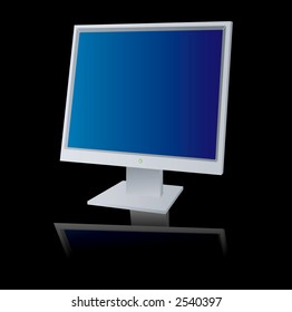 A computer monitor reflected on a black shiny surface