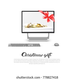 Computer Monitor With Robbon Bow And Holiday Decorations Christmas Gift Concept New Year Sales On Gadgets Banner Vector Illustration