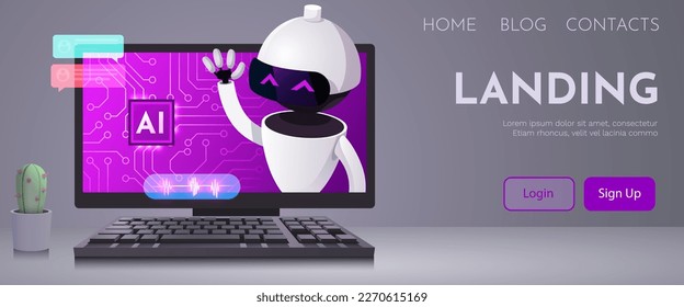 Computer monitor with robot. Chatbot and AI concept. Vector illustration