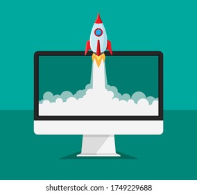 Computer monitor with rocket launch on a display. Business product concept. Rocket goes beyond the monitor. Project startup and innovation product. Vector illustration.