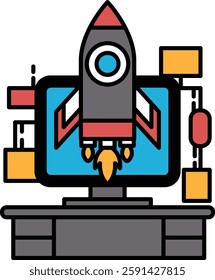 A computer monitor with a rocket on it