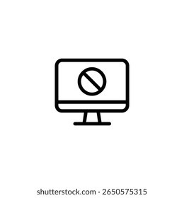A computer monitor with a rounded-corner screen and simple base, centered with a 'no entry' symbol. Designed in a minimalist, flat 2D vector style.