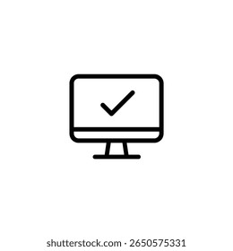 A computer monitor with a rounded-corner screen and simple base, centered with a checkmark symbol. Designed in a minimalist, flat 2D vector style.