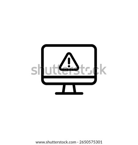 A computer monitor with a rounded-corner screen and simple base, centered with an exclamation mark. Designed in a minimalist, flat 2D vector style.