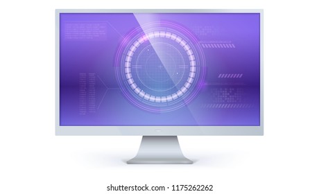 Computer monitor with of Sci-Fi dashboard. HUD, radar of cyberspace access platform, futuristic display with text sample of infographics. Virtual screen. Vector 3D illustration isolated on white.