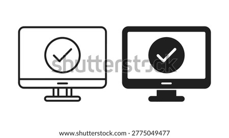 Computer monitor screen interface collection, minimalist linear and solid symbols for validation, approval, verify, and complete