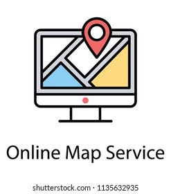 
A computer monitor screen with map having a pinpointer, symbolising online navigation icon
