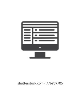Computer monitor screen with online chat icon vector, filled flat sign, solid pictogram isolated on white. Forum symbol, logo illustration.