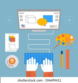 Computer monitor with the screen of the program for design and architecture in flat design. Designer sits for computer and does the work. Web design concept with concepts items icons