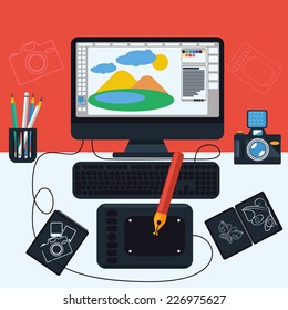 Computer monitor with the screen of the program for design and architecture in flat design. Modern devices set. Web design concept with concept items icons