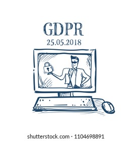 Computer monitor and security guard man in business suit shield security and protection General Data Protection Regulation GDPR concept hand drawing