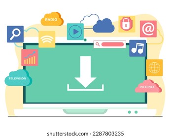 Computer monitor and series icon set. Network and mobile devices, laptop pc. Modern technology, social media, communication in global computer networks. processing information using gadgets