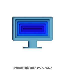 Computer monitor shape in 3D paper cut style. Layered papercut illustration of LCD TV. Cutout device screen on isolated background. Office business concept, internet topic or technology design.