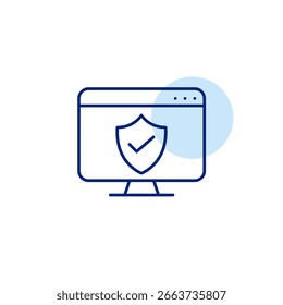 Computer monitor, shield with checkmark. Safe browsing interaction, privacy tools and secure interactions. Pixel perfect, editable stroke vector icon