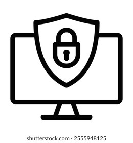 Computer monitor with a shield and lock, secure vector icon. Editable stroke.