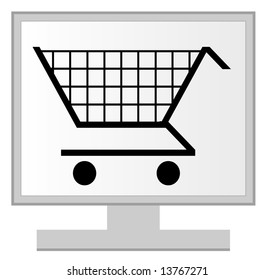 computer monitor with shopping cart on screen - online shopping concept - vector
