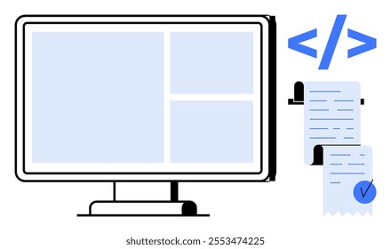 Computer monitor showcasing coding view beside a checklist with a checkmark. Ideal for web development, programming, software development, coding tutorials, education. Simple modern style