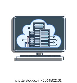 A computer monitor showing a cloud computing infrastructure and several racks of servers within it, connected by a network connection. represents cloud computing and data storage solutions.