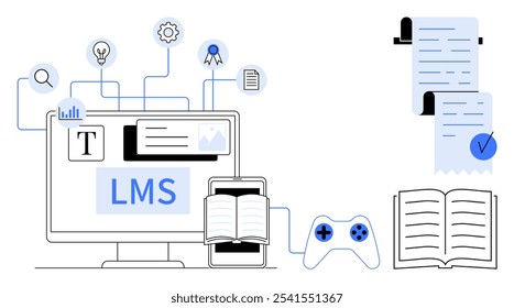 Monitor de computador mostrando LMS ao lado de smartphone com um livro. Ícones para pesquisa, configurações, certificação, documento e análise. Também inclui lista de verificação, controlador de jogos e livro aberto. Ideal