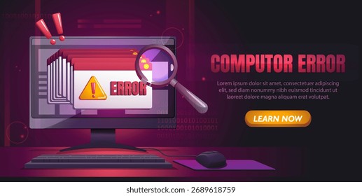 Monitor de computador mostrando várias mensagens de erro com ícone de aviso, lupa e pontos de exclamação em um plano de fundo escuro. Conceito de falha do sistema. Ilustração vetorial