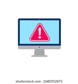 monitor mostrando um alerta de aviso vermelho com um ponto de exclamação. Símbolo de erro do sistema, aviso de segurança, problema ou notificação de cuidado.