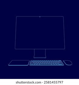 A computer monitor is shown in a blue background. The monitor is turned off, keyboard, mouse, touchpad