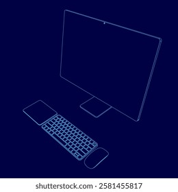 A computer monitor is shown in a blue background. The monitor is turned off, keyboard, mouse, touchpad