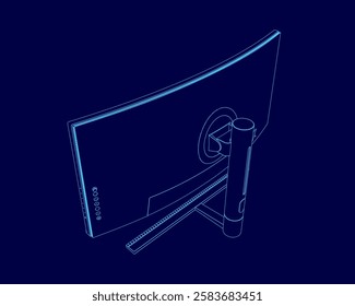 A computer monitor is shown in a blue background. The monitor is a large, curved screen. The image is a stylized drawing of the monitor, with the focus on the curved screen