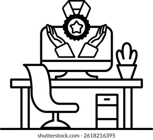 A computer monitor is shown with a hand on it and a star on the screen