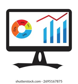 A computer monitor shows a pie chart and bar graph with a line graph, representing data and analysis.