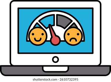 A computer monitor shows a speedometer with two faces on it. One face is smiling and the other is frowning