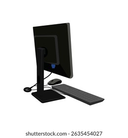 a computer monitor side view and keyboard are shown with mouse on a white background