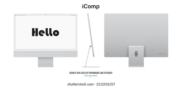 silberner Computerbildschirm mit Vorder-, Rücken- und Seitenansicht einzeln auf weißem Hintergrund. realistisches und detailliertes Display für die Systemeinheit. Stockvektorgrafik