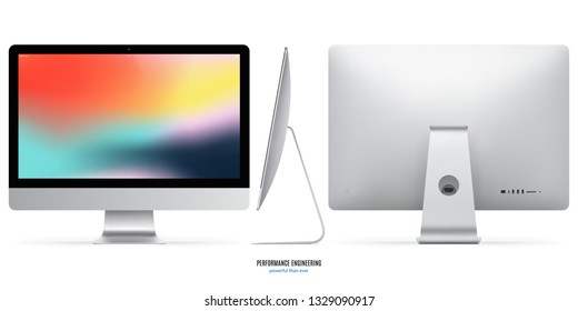 Computer Monitor Silver Color With Colorful Screen Saver With Shadow For System Unit Back And Side View Isolated On White Background. Realistic And Detailed Display Mockup. Stock Vector Illustration