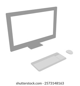 Computer monitor sits on a desk with a keyboard and mouse. The monitor is black and white, and the keyboard is gray. Concept of simplicity and minimalism