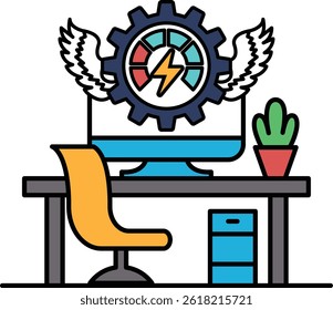 A computer monitor sits on a desk with a plant and a chair. The monitor is surrounded by a gear and wings, which suggests that it is a high-performance computer. Scene is one of productivity