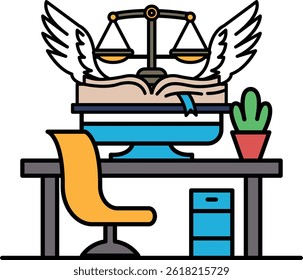 A computer monitor sits on a desk with a book and a potted plant. The book is open to a page with a scale and wings on it. The scale and wings represent the idea of justice and balance