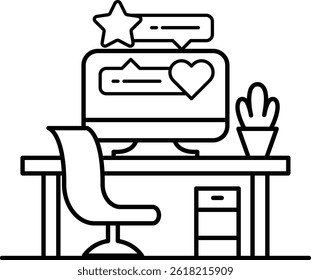 A computer monitor sits on a desk with a chair and a potted plant