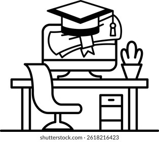 A computer monitor sits on a desk with a chair and a potted plant