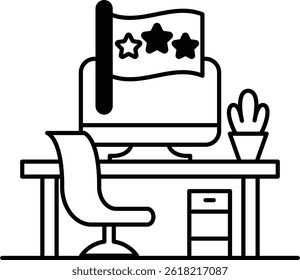A computer monitor sits on a desk with a chair and a potted plant