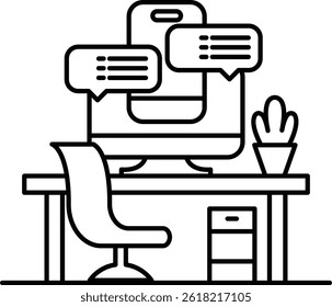 A computer monitor sits on a desk with a chair and a potted plant