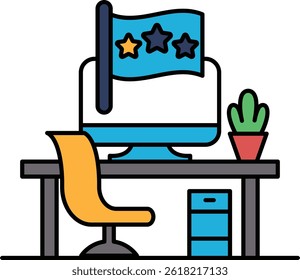 A computer monitor sits on a desk with a chair and a potted plant. The desk is decorated with a flag and stars, giving it a patriotic feel. Scene is one of productivity and focus
