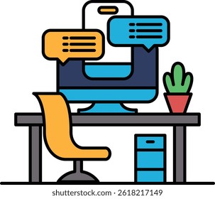 A computer monitor sits on a desk with a chair and a potted plant. Concept of productivity and focus, as the computer is a tool for work and communication. The potted plant adds a touch of nature